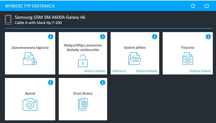 wykaz możliwych procedur systemu UFED 4PC dla telefonu Samsunga GSM SM-A600A Galaxy A6 