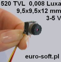 Moduł kamery MK 520 trzymany w palcach — płytka o boku 9,5 mm