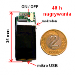 Dyktafon KSm-48 obok monety dwuzłotowej — obudowa o wysokości 35 mm