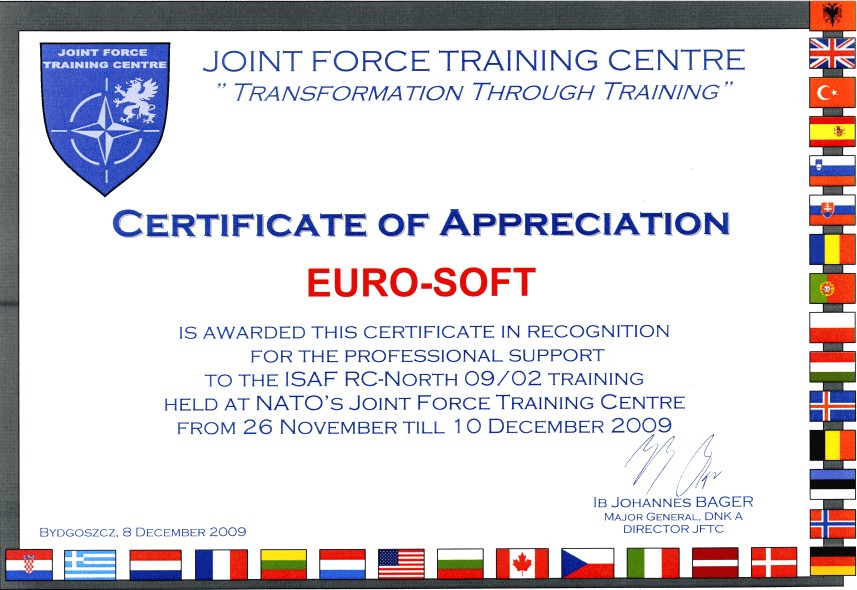Certificate of Appreciation przyznany Euro-Soft przez NATO Joint Force Training Centre w Bydgoszczy