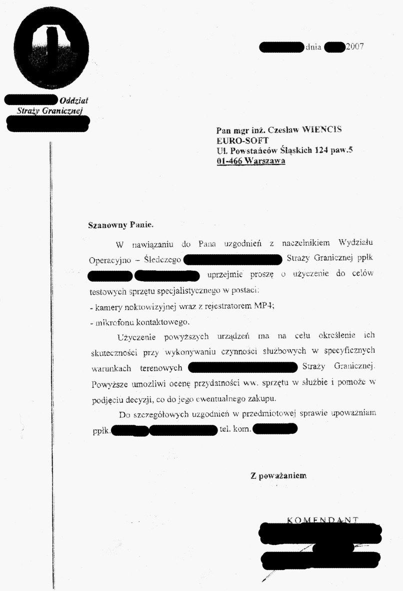 List referencyjny Wydziału Operacyjno-Śledczego Straży Granicznej