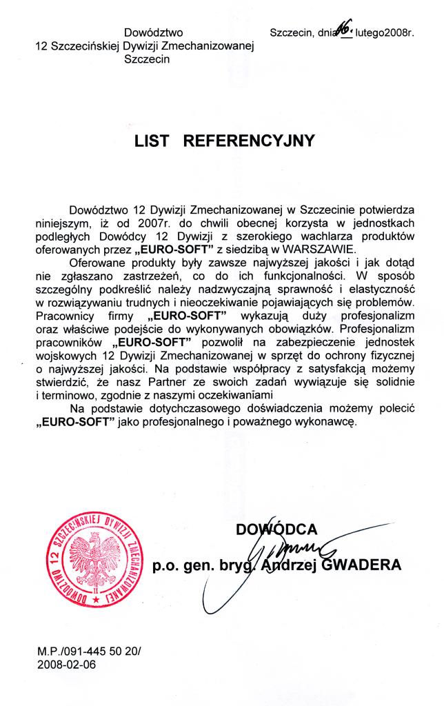 List referencyjny Dowództwa 12 Szczecińskiej Dywizji Zmechanizowanej
