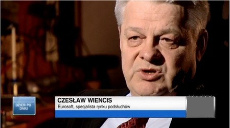 Kadr z programu Dzień po dniu, podpis na ekranie: Czesław Wiencis, Eurosoft, specjalista rynku podsłuchów