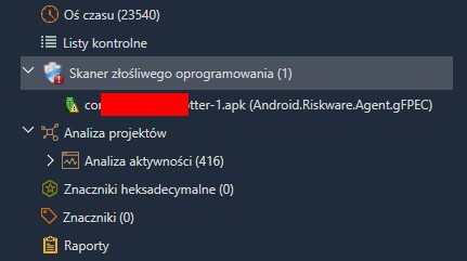 Skaner złośliwego oprogramowania w systemie UFED wskazuje wykrytą aplikację szpiegowską