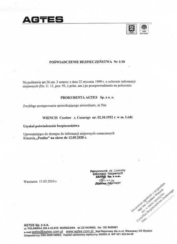 Poświadczenie bezpieczeństwa osobowego założyciela (2010) Poświadczenie bezpieczeństwa osobowego nr 1/10, klauzula Poufne, ważne do 12.05.2020 — dokument historyczny założyciela